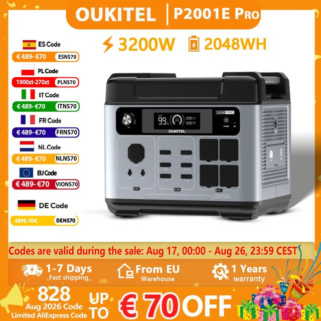 OUKITEL P2001E Pro Tragbare Powerstation, 3200W 2048Wh LiFePO4 Solargenerator in Grau - Bild 1