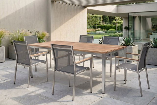 Stern Cardiff Garten-Essgruppe aus Edelstahl und Teakholz in Silber/Silbergrau mit Tisch und 6 Stapelsesseln, Tisch B: 200 cm, T: 100 cm, H: 76 cm - Bild 1