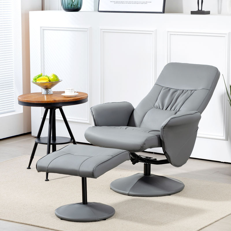 HOMCOM Relaxsessel mit Hocker, drehbarer Polstersessel mit Liegefunktion in Hellgrau aus Kunstleder - Bild 2