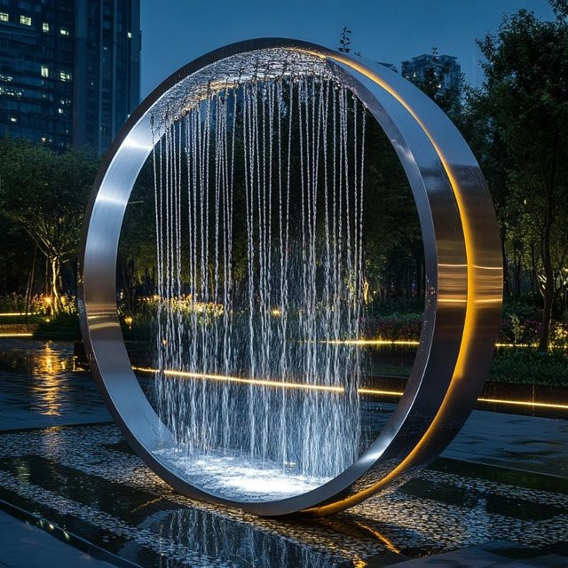 City Garden Dekorative LED Wasserfall Brunnen aus Edelstahl in Silber mit Metallring und moderner Rundform - Bild 1