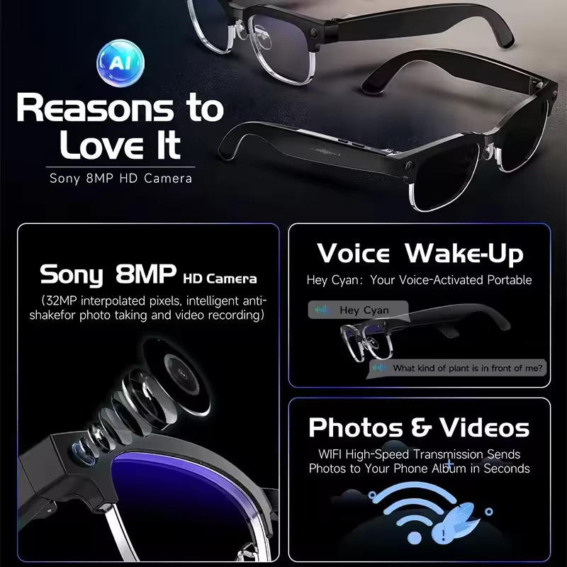 GUHUAVMI AI Smart Brille mit Sprachübersetzung, 8K Kamera, Video und Musik Player sowie Anruffunktion in Schwarz und Blau - Bild 3