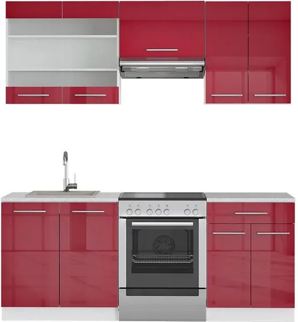 Vicco Fame-Line Küchenschrank in Bordeaux Hochglanz und Weiß mit Marmor-Optik, Breite: 200 cm - Bild 1