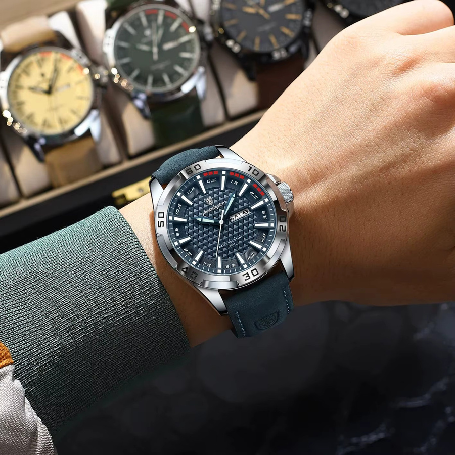 POEDAGAR Armbanduhr Quarz, Leder, Silber, Herren, Datum, Wochentag - Bild 5