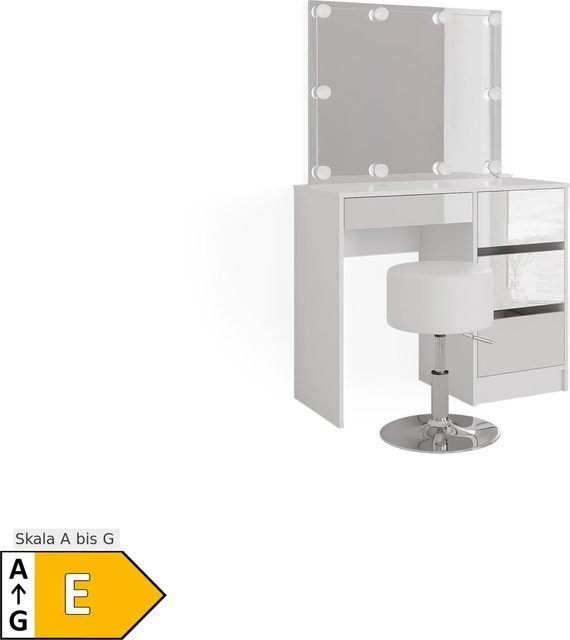 Vicco Schminktisch Sherry Weiß mit LED-Spiegel und Hocker, moderner Frisiertisch in Hochglanz mit Schubladen, B/T/H: 90 x 40 x 75 cm - Bild 1