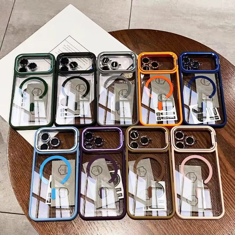 Magnetische Schutzhülle mit Metalllinsenständer und Linsenglasfolie für iPhone 11 bis 17 Pro Max Plus Air, transparent und schwarz, kompatibel mit MagSafe - Bild 4