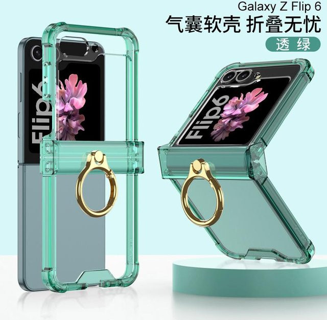 GKK Silikon Airbag Bumper Hülle mit Scharnierschutz und Ringhalter für Samsung Galaxy Z Flip 6 und Z Flip 5, Transparent/Grün - Bild 1