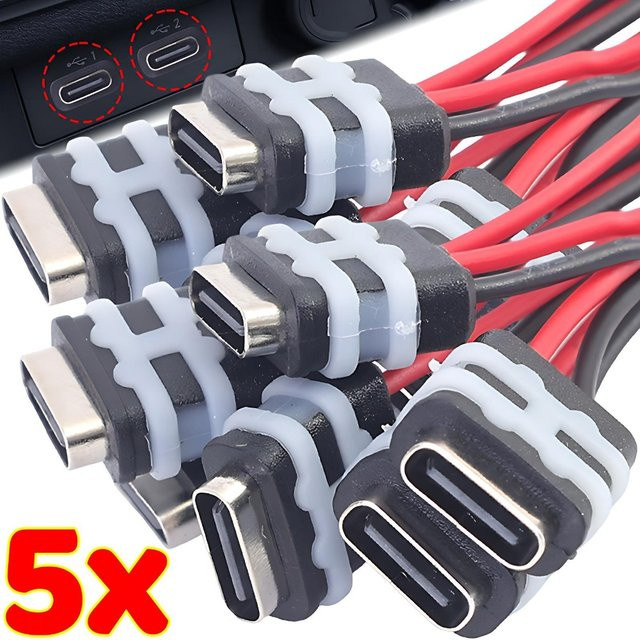 Wasserdichte USB-C-Stromversorgungsbuchse mit Kabel, 2-polig, 5 V, 3 A, Schwarz - Bild 1