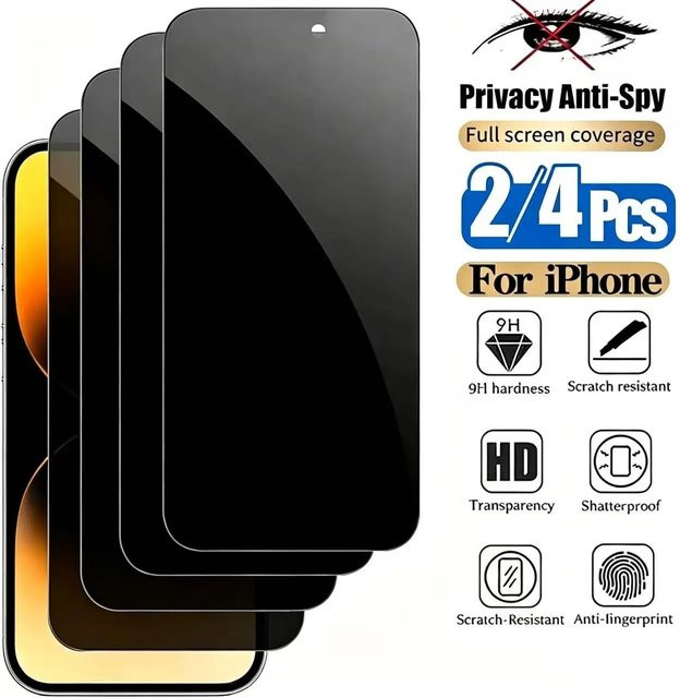 PJPK Anti-Spionage Sichtschutz Displayschutzfolie aus gehärtetem Glas für iPhone 11 XR 12 13 14 15 16 17 Pro Max Plus Air, transparent, 2 oder 4 Stück - Bild 1
