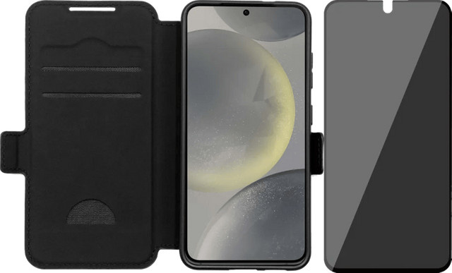 BlueBuilt Samsung Galaxy S25 Leder Book Case in Schwarz inklusive Panzerglas mit Blickschutzfilter - Bild 1