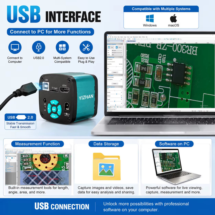 YIZHAN 4K Digitalmikroskop IMX327 Industriemikroskop-Kamera-Set für PCB-Schweißen und Inspektion in Schwarz mit HDMI-Anschluss - Bild 4