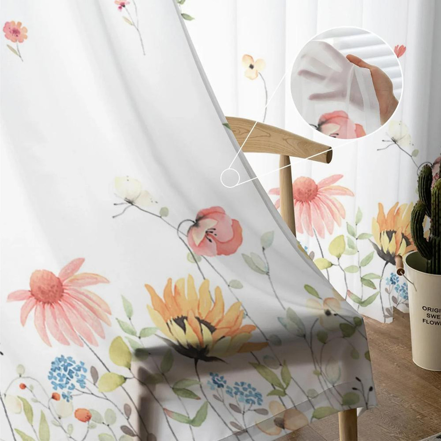 Yiran Furniture Transparente Voile-Gardine mit Frühlings-Aquarell-Blumenblättern, Organza-Vorhang für Wohnzimmer und Küche, Breite: 135 cm, Höhe: 115 cm - Bild 1