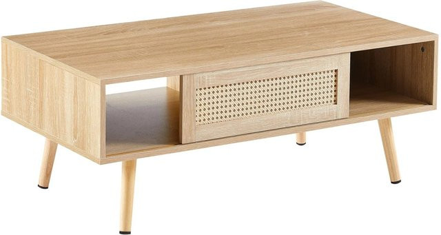 okwish Couchtisch aus Massivholz mit Korbgeflecht und Schiebetüren in Natur, B/T/H: 105 x 55 x 40 cm - Bild 1