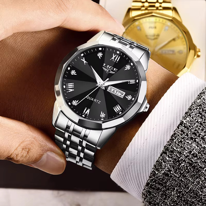 LIGE Armbanduhr Quarz, Edelstahl, Schwarz, Herren, Datum - Bild 2