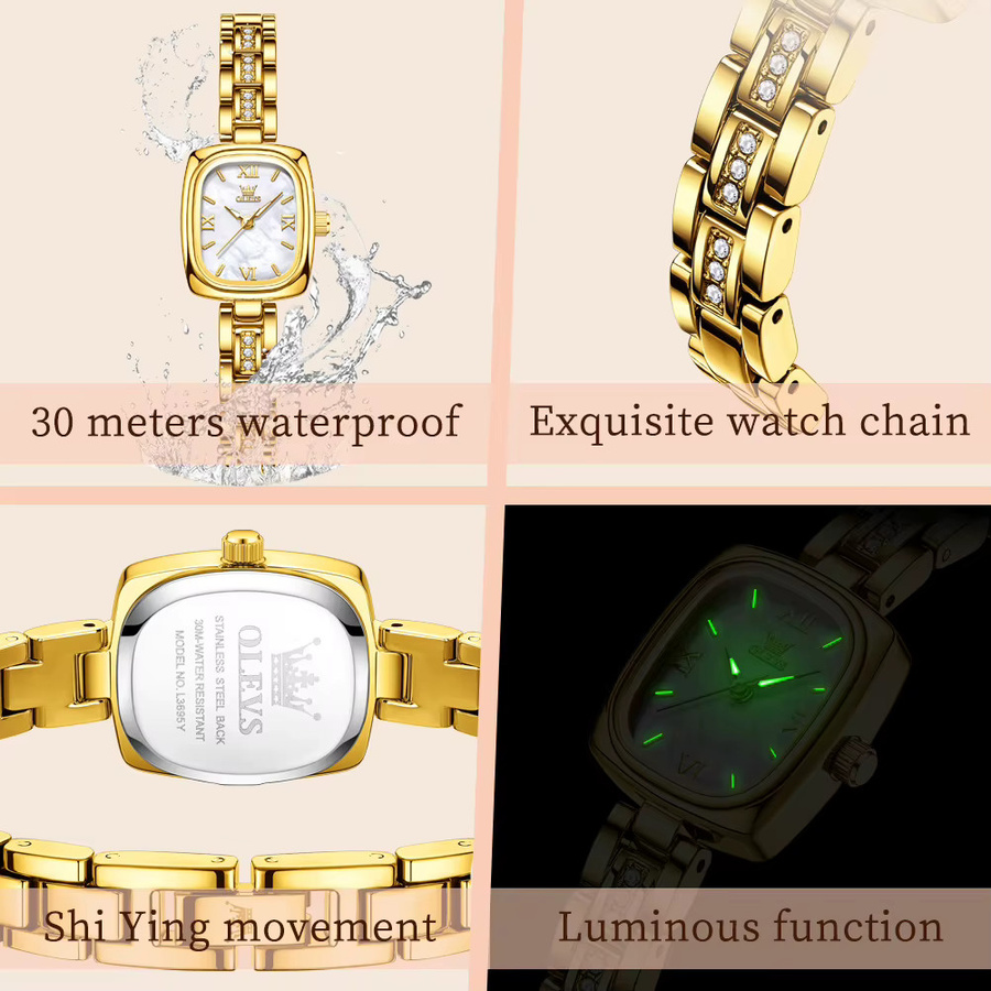 OLEVS Armbanduhr, Quarz, Edelstahl, Gold, Bicolor, Eckig, Damen - Bild 3