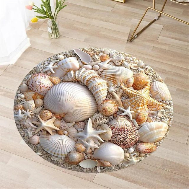 Lodestar Rundteppich Ozean-Serie mit dreidimensionalem Schalen-Druck, Nordischer Stil, Mehrfarbig, Durchmesser: 40 cm - Bild 1
