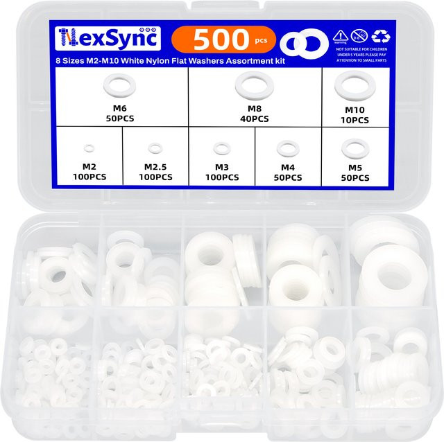 NexSync Nylon Unterlegscheiben Set Weiß, 500 Teile Flache Spacer und Dichtungen in den Größen M2 bis M10 - Bild 1