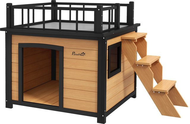 PawHut Hundehütte aus Tannenholz mit Balkon und Treppe in Gelb, B/T/H: 121 x 77 x 78 cm - Bild 1