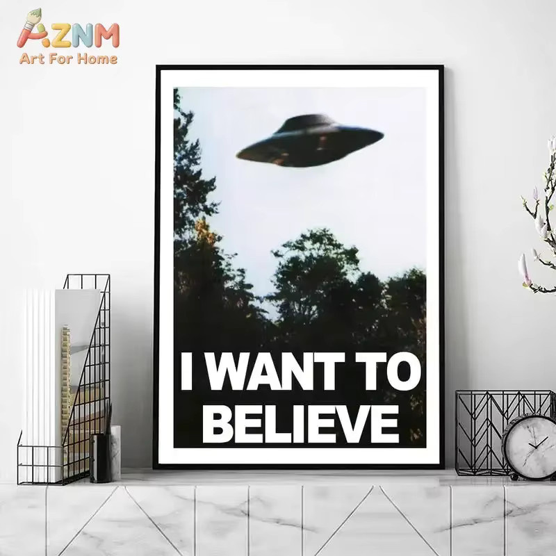 AZNM I Want To Believe UFO Leinwand-Wandkunst, Vintage Alien Wandbild mit fliegender Untertasse Motiv, ungerahmtes Retro Poster in Multicolour - Bild 2