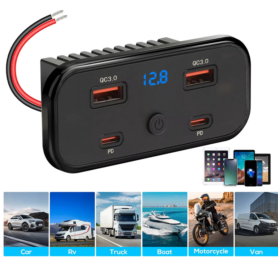 KEBETEME 6-Port Autoladegerät in Schwarz mit 30W PD3.0 QC3.0 Schnellladung, zwei 18W USB-A-Anschlüssen und Voltmeter-Schalter für 12V/24V Auto, LKW, Boot und Wohnmobil - Bild 5