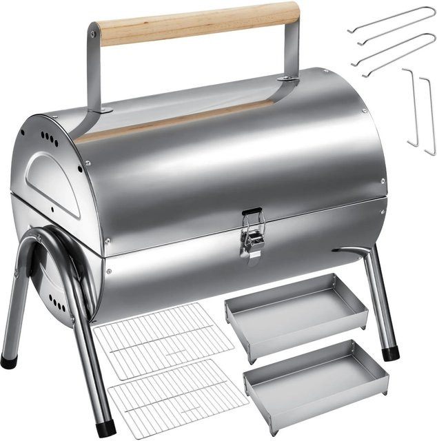 Tectake Edelstahlgrill mit Doppel-Grillfläche und 2 Kohlewannen in Schwarz und Silber, B/T/H: 42 x 30,5 x 44 cm - Bild 1