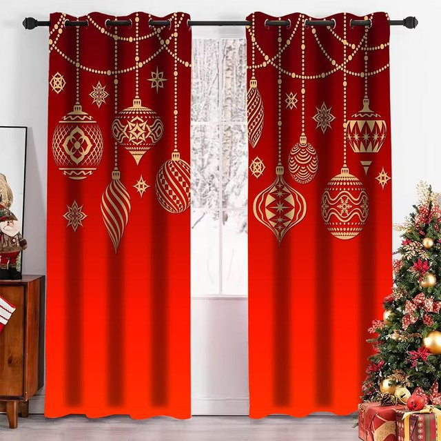 3D Weihnachts Vorhänge Rot mit Haken, 2 Paneele aus Polyester, Breite: 50 cm, Höhe: 130 cm - Bild 1