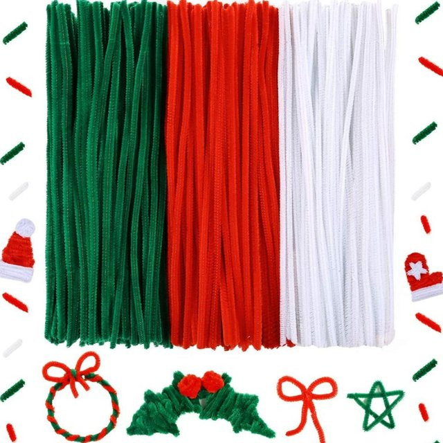 150 Stück Weihnachts-Pfeifenreiniger aus Chenille in Weiß, Grün und Rot zum Basteln - Bild 1