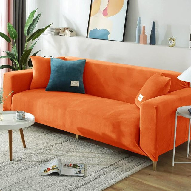 Elastischer Sofabezug aus Samt in Orange für 1 Sitzplatz, pflegeleichter und rutschfester Couchbezug, Breite: 90-140 cm - Bild 1