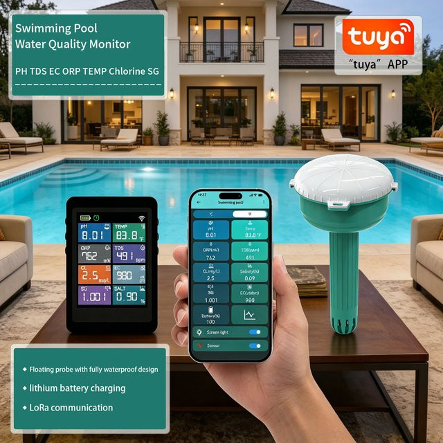 Smartes Tuya WiFi Pool-Wassermessgerät von JUANJUAN in Weiß – Schwimmender 8 in 1 Wasserqualitätstester für PH, Chlor, EC, TDS, Salz, S.G, ORP und Temperatur - Bild 1