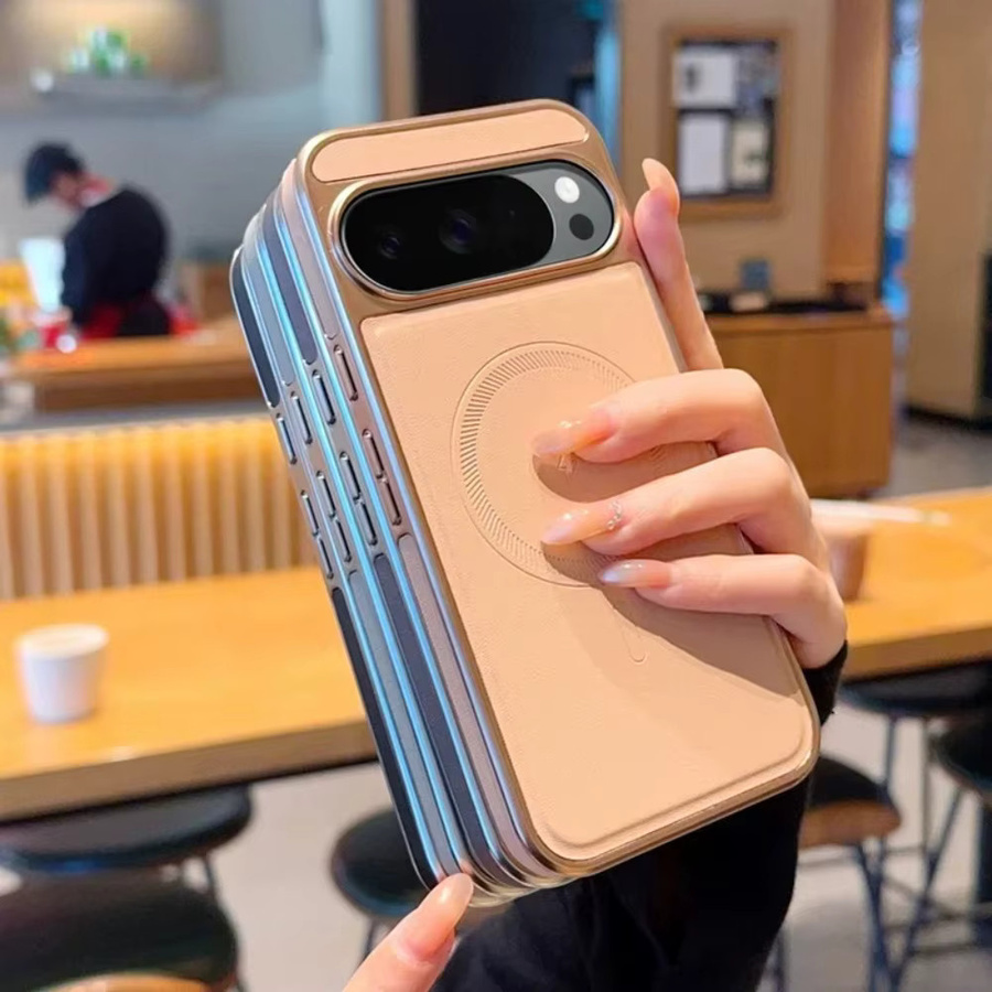 Luxuriöse Lederhülle mit Metallrahmen und Magnetverschluss für Google Pixel 10, 9 und 8 Pro XL in Grau, sturzsicher und kabelloses Laden kompatibel - Bild 2