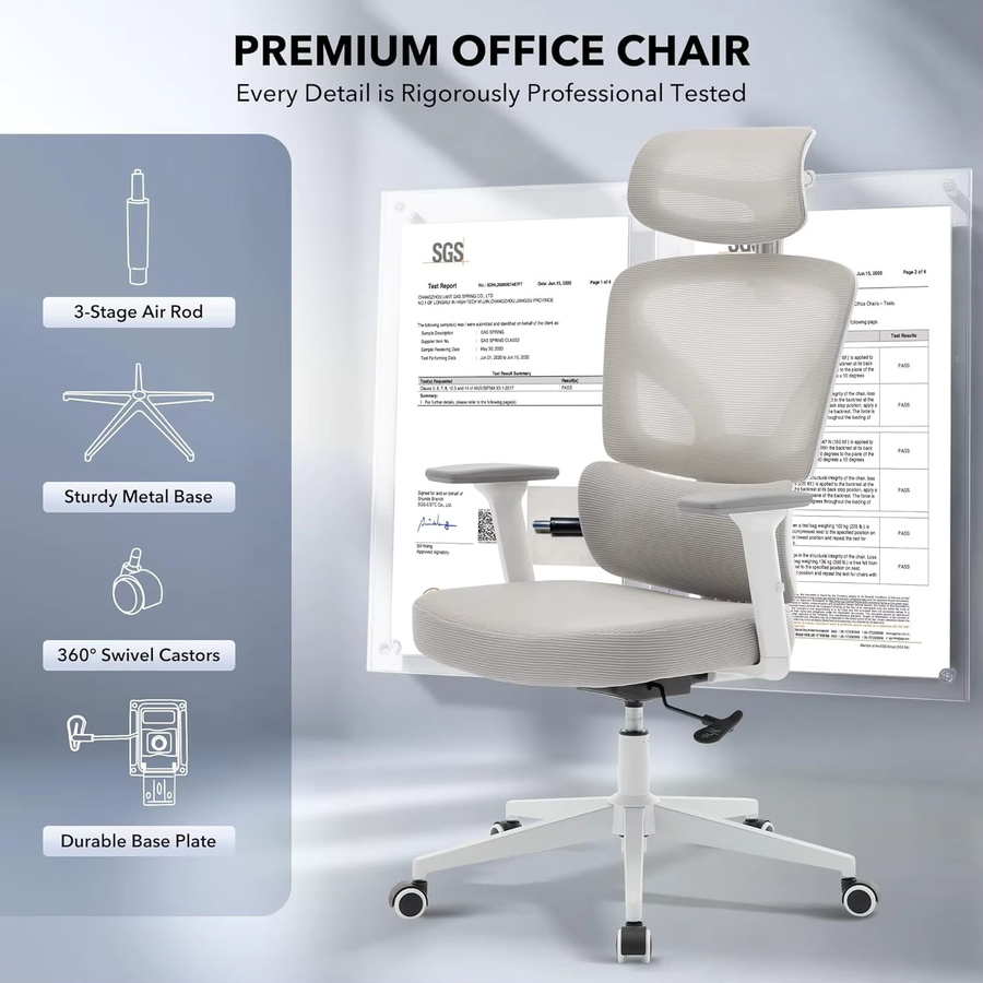 Garvee Ergonomischer Bürostuhl und Gaming-Stuhl aus Netzstoff mit Kopfstütze, 3D-Armlehnen und verstellbarer Lendenwirbelstütze, 360 Grad drehbar, Grau/Weiß - Bild 2