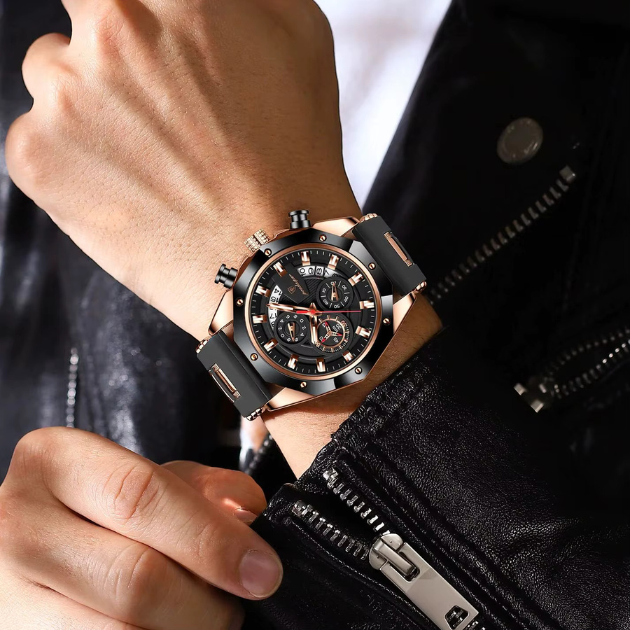 POEDAGAR Armbanduhr Chronograph, Quarz, Silikon, Schwarz, Herren - Bild 5