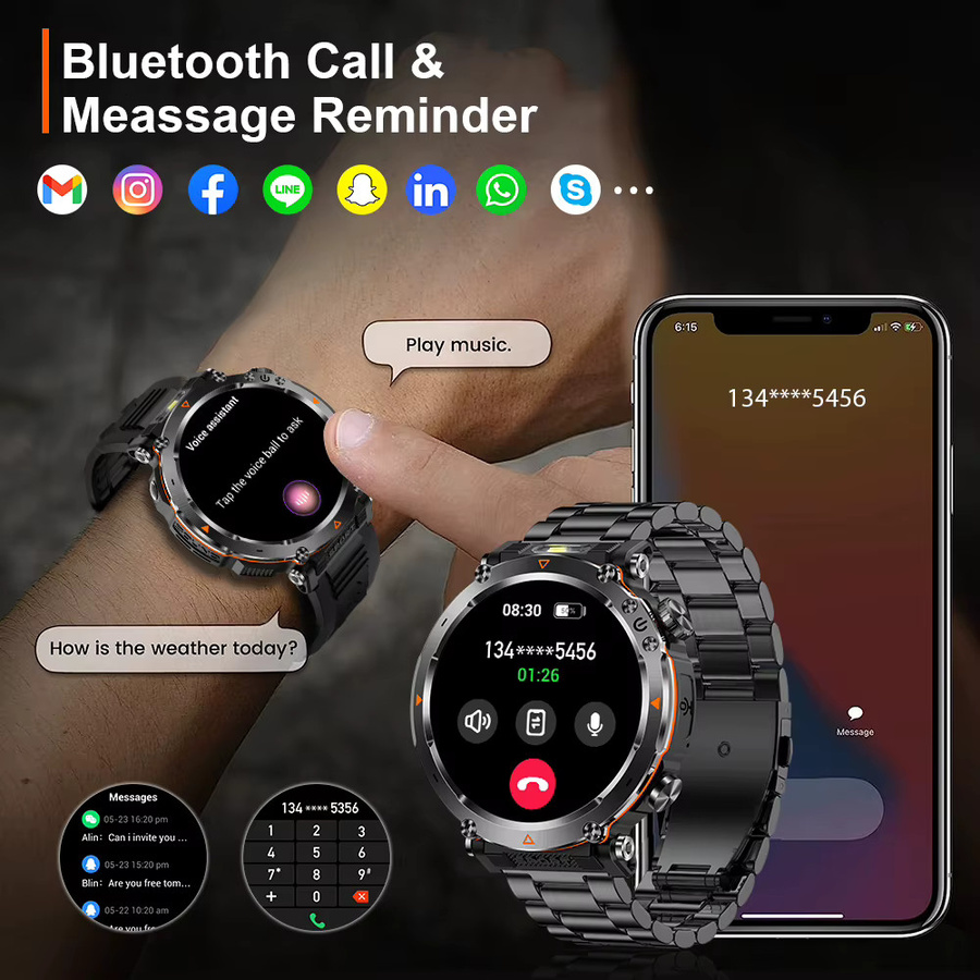MEVADEN Smartwatch MD57 Outdoor-Sportkompass mit 1,7 Zoll Display, Bluetooth Anruf und Taschenlampe, Schwarz/Orange - Bild 3