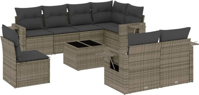 vidaXL 9-tlg Garten-Sofagarnitur in L-Form aus grauem Poly-Rattan mit Kissen und pulverbeschichtetem Stahlgestell - Bild 1