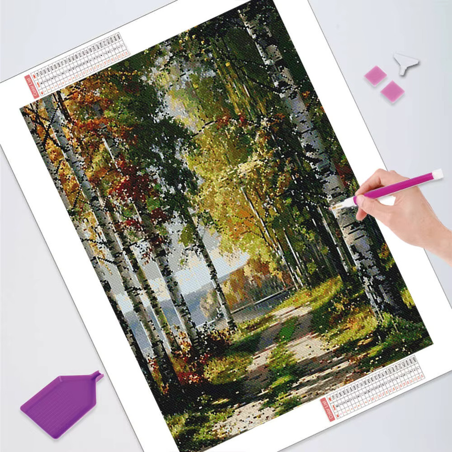 HUACAN DIY Diamant-Mosaik-Kunst Landschaft mit Baum und Weg, Rundes Wandbild in Mehrfarbig, B/H: 30 x 30 cm - Bild 2