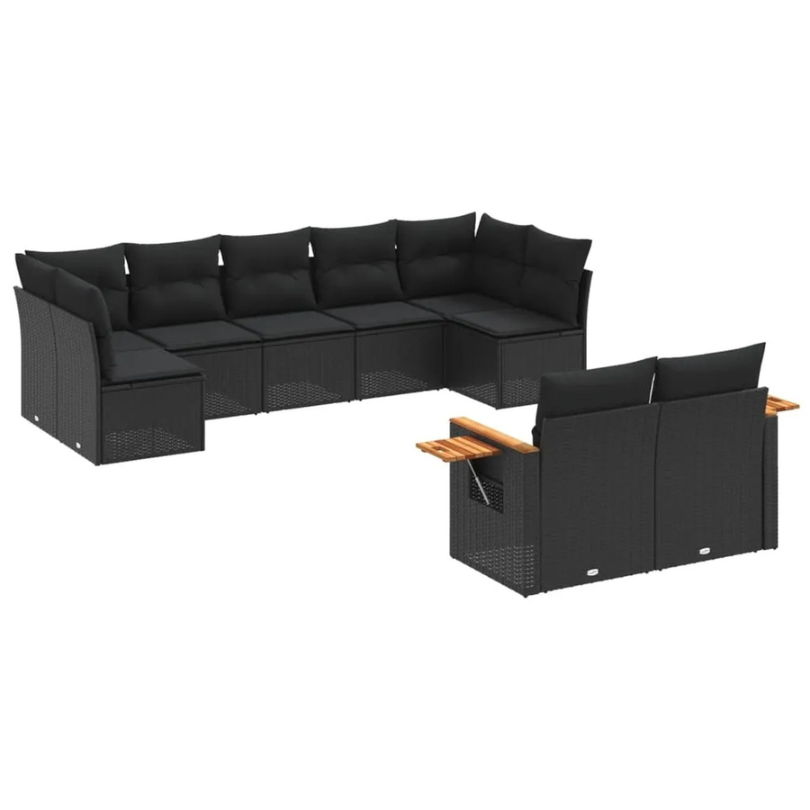 vidaXL 9-teilige Garten-Sofagarnitur aus Poly-Rattan und Akazienholz in Schwarz mit Kissen - Bild 2