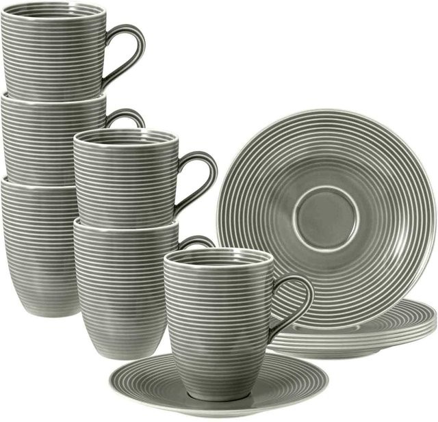 Seltmann Weiden Henkelbecher mit Untertassen Beat Color Glaze Grau Gestreift 350 ml 6er Set - Bild 1