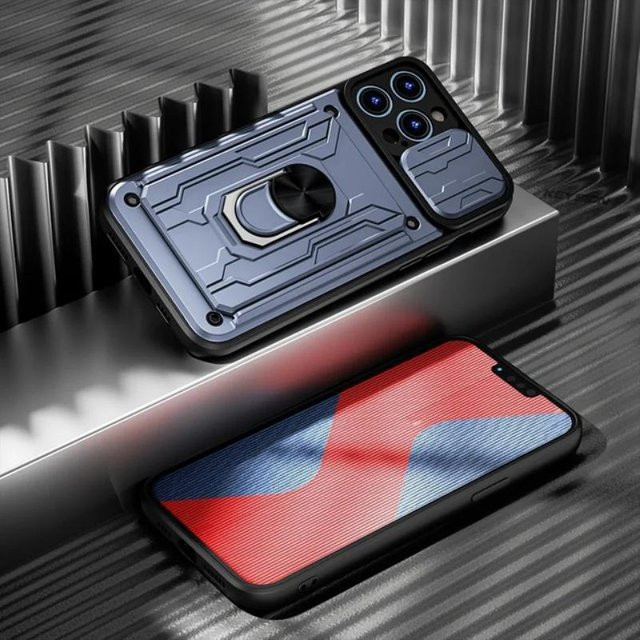 WENBIN Stoßfeste iPhone Hülle mit Rotationsmetallringständer und Kartensteckplatz in Blau - Bild 1