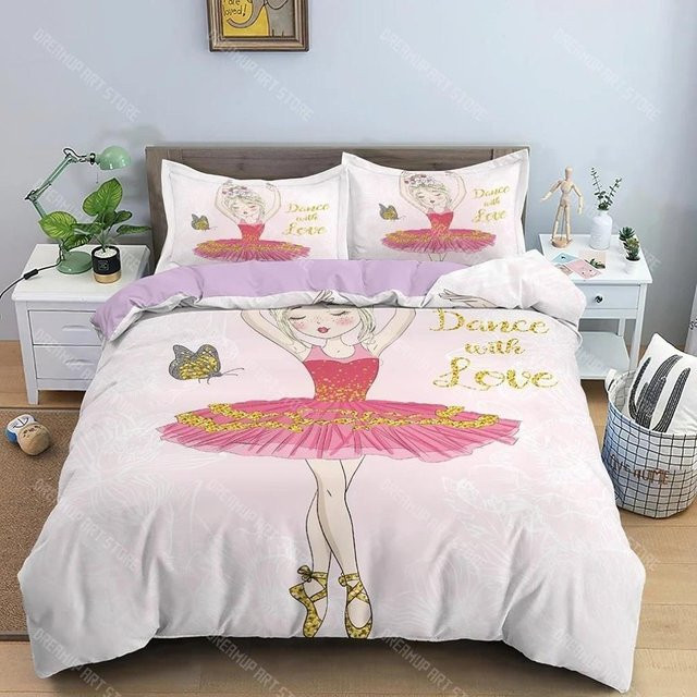Bettwäsche Set Ballett Prinzessin mit Cartoon Tanzendes Mädchen in Rosa und Weiß, Bettbezug und Kissenbezug aus Mikrofaser, B/H: 90 x 200 cm - Bild 1