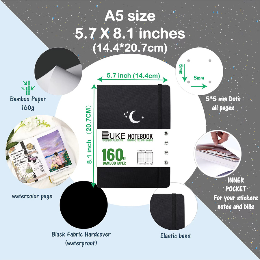 BUKE DOT-GRID MOON Stars Skizzenbuch und gepunktetes Tagebuch mit Hardcover aus schwarzem Stoff, A5, 160 Seiten aus 160 g/m2 Bambuspapier - Bild 2