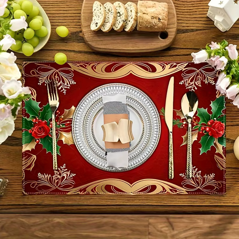 VIKAMA Weihnachtliche Tischsets mit Stechpalmenblättern, Beeren und Rosen in Rot, 4er Set - Bild 3
