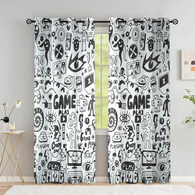Zweierpack Vorhänge mit Cartoon-Gamepad-Motiv für Kinderzimmer und Wohnzimmer, Schwarz-Weiß, Verdunkelungsvorhänge aus Polyester, B: 101,5 cm, H: 213 cm - Bild 1