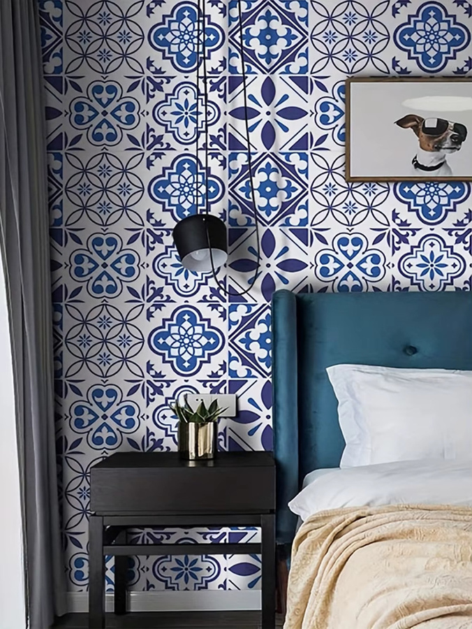 Selbstklebende Tapete mit geometrischem Muster in Blau, ölbeständige Fliesentapete für Küche und Badezimmer, 1 Rolle - Bild 4