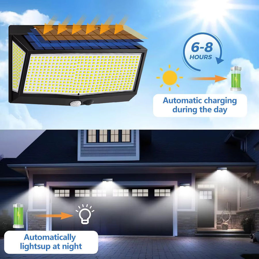 Solar-LED-Wandleuchte mit 528 SMD-LEDs und Bewegungssensor in Schwarz, wasserdichte Solar-Flutlichtleuchte für Garten und Hof mit 3 Beleuchtungsmodi und modernem Design - Bild 3