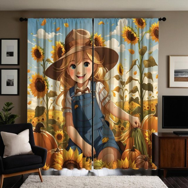 2er Set Sonnenblumen Vorhang mit floralem Print in Gelb und Beige, B: 132 cm, H: 160 cm - Bild 1