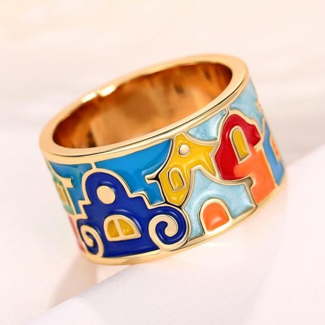 Huitan Fingerring Emaille, Messing, Goldfarben, Damen - Bild 1