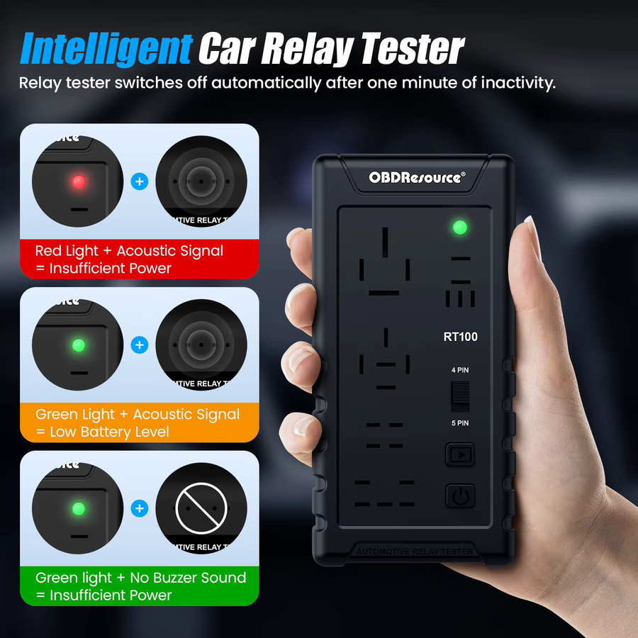 Automotive Relais Tester RT100 für 12V und 24V mit 4-Pin und 5-Pin Buchse, Schwarz - Bild 4