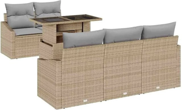 vidaXL 6-tlg. Garten-Sofa-Set aus Poly Rattan und Stahl in Beige mit L-Form, Tisch mit Glasplatte und integriertem Kissen-Speicher - Bild 1