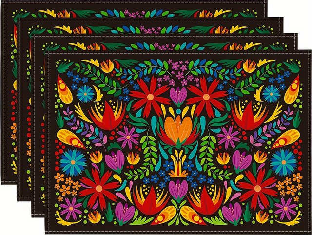 VIKAMA 4-teiliges Tischset-Set aus Leinen mit Blumenmuster in Mehrfarbig, rechteckig - Bild 1