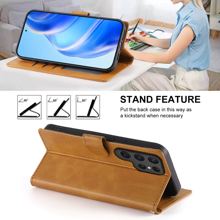 Business Leder Flip Hülle für Samsung Galaxy S25 S26 Ultra S24 FE S23 S22 S21 Plus A17 A37 A57 A36 A56 A16 A26 mit Kartenfächern und Geldbörse in Rot und Braun - Bild 3