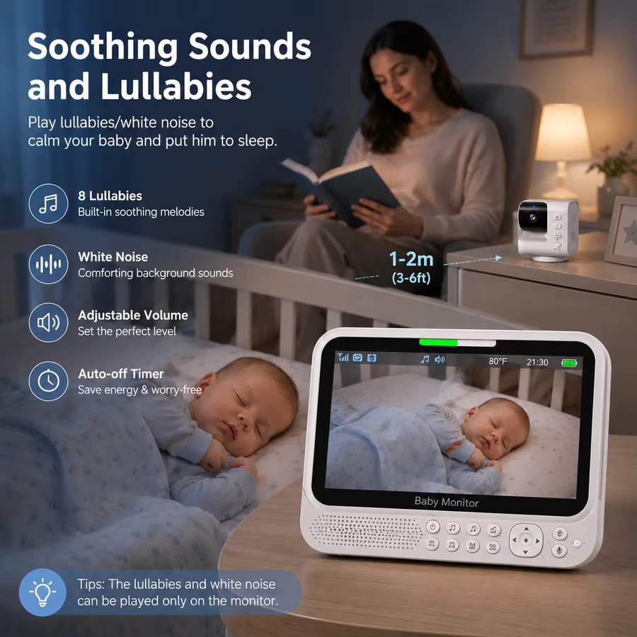 Aurovue Video-Babyphone mit 7,0 Zoll Display, PTZ-Kamera mit Schwenk-Neige-Funktion und 4-fach Zoom, Nachtsicht, Zwei-Wege-Audio und VOX-Aktivierung, Weiß - Bild 3